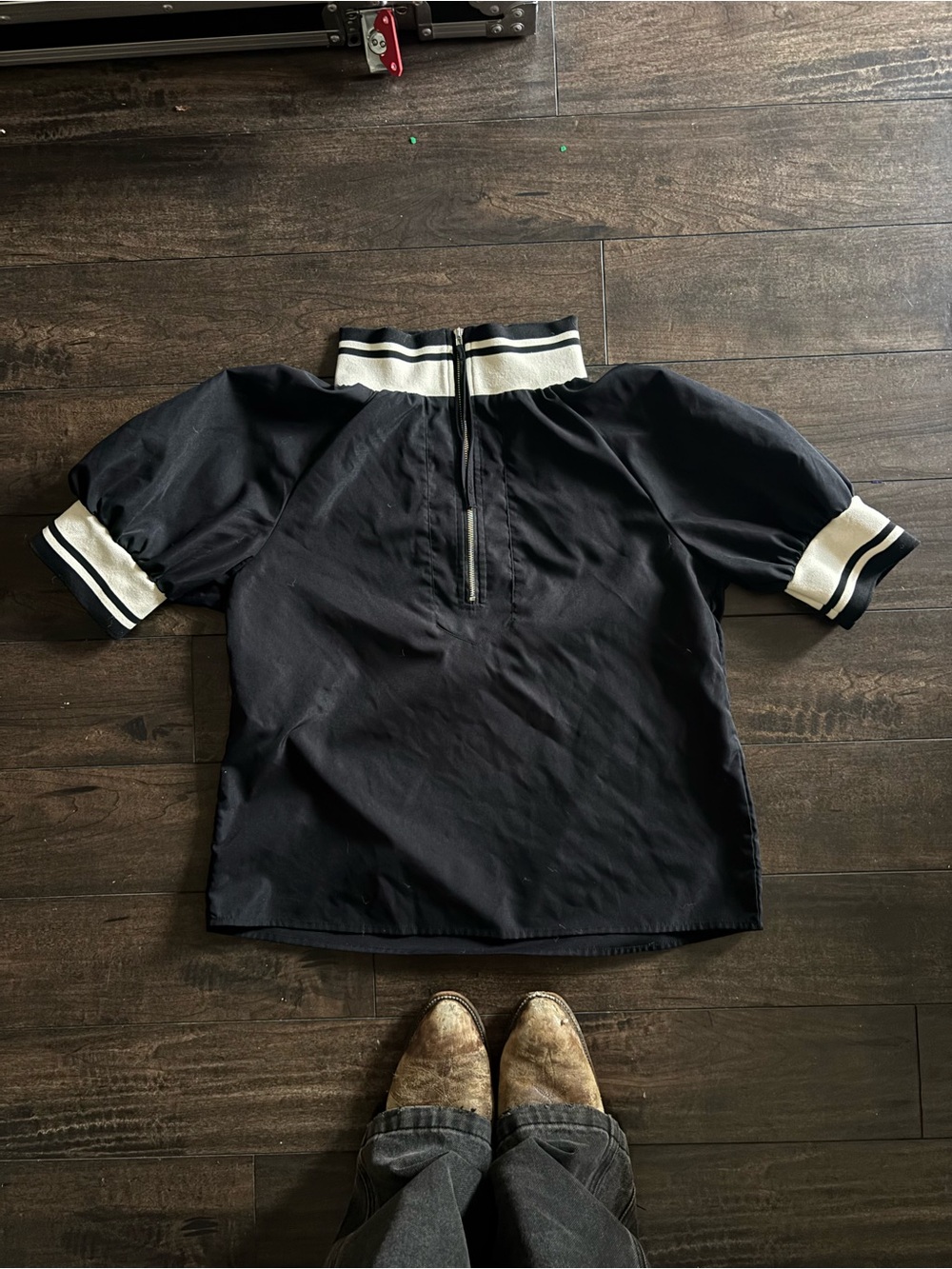Aime Leon Dore style Black Quarterzip blouse with Contrast Collar and Cuffs